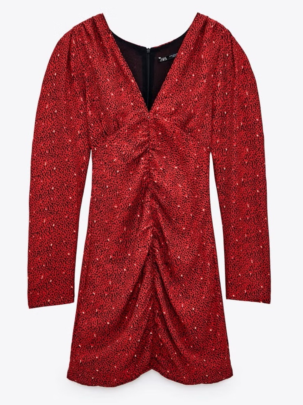 Zara Red Ruched Mini Dress Long Sleeve V Neck Size Small